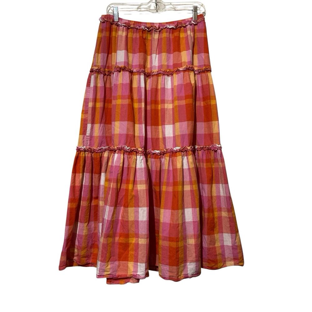 Nautica Jeans Women's Size Large Maxi Skirt Orange Plaid-Print Ruffle-Trim‎